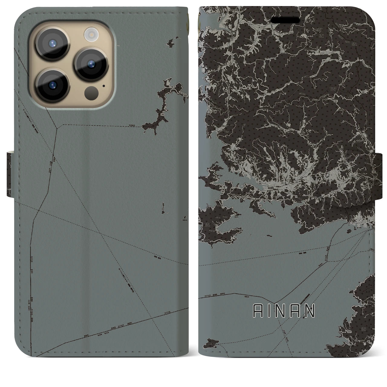 【愛南(愛媛県)】地図柄iPhoneケース(手帳タイプ)モノトーン・iPhone 14 Pro Max 用