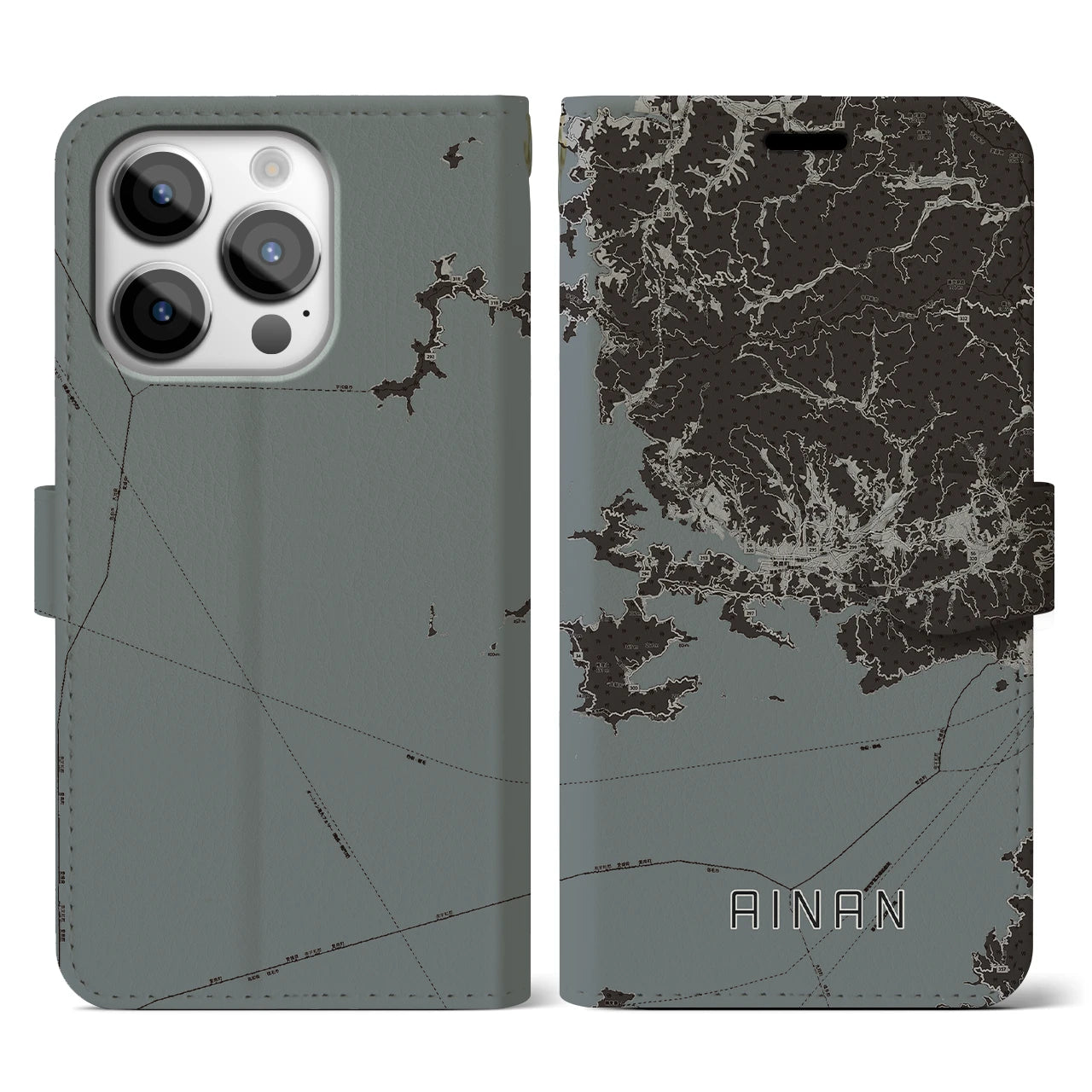 【愛南(愛媛県)】地図柄iPhoneケース(手帳タイプ)モノトーン・iPhone 14 Pro 用