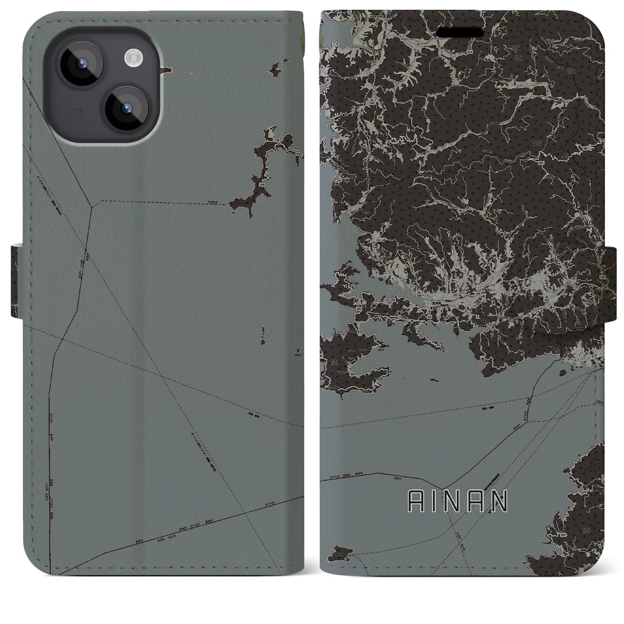 【愛南(愛媛県)】地図柄iPhoneケース(手帳タイプ)モノトーン・iPhone 14 Plus 用