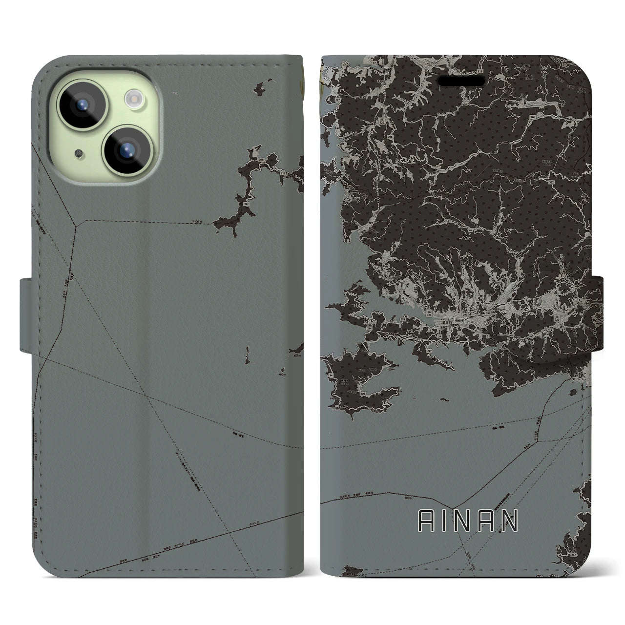 【愛南(愛媛県)】地図柄iPhoneケース(手帳タイプ)モノトーン・iPhone 15 用