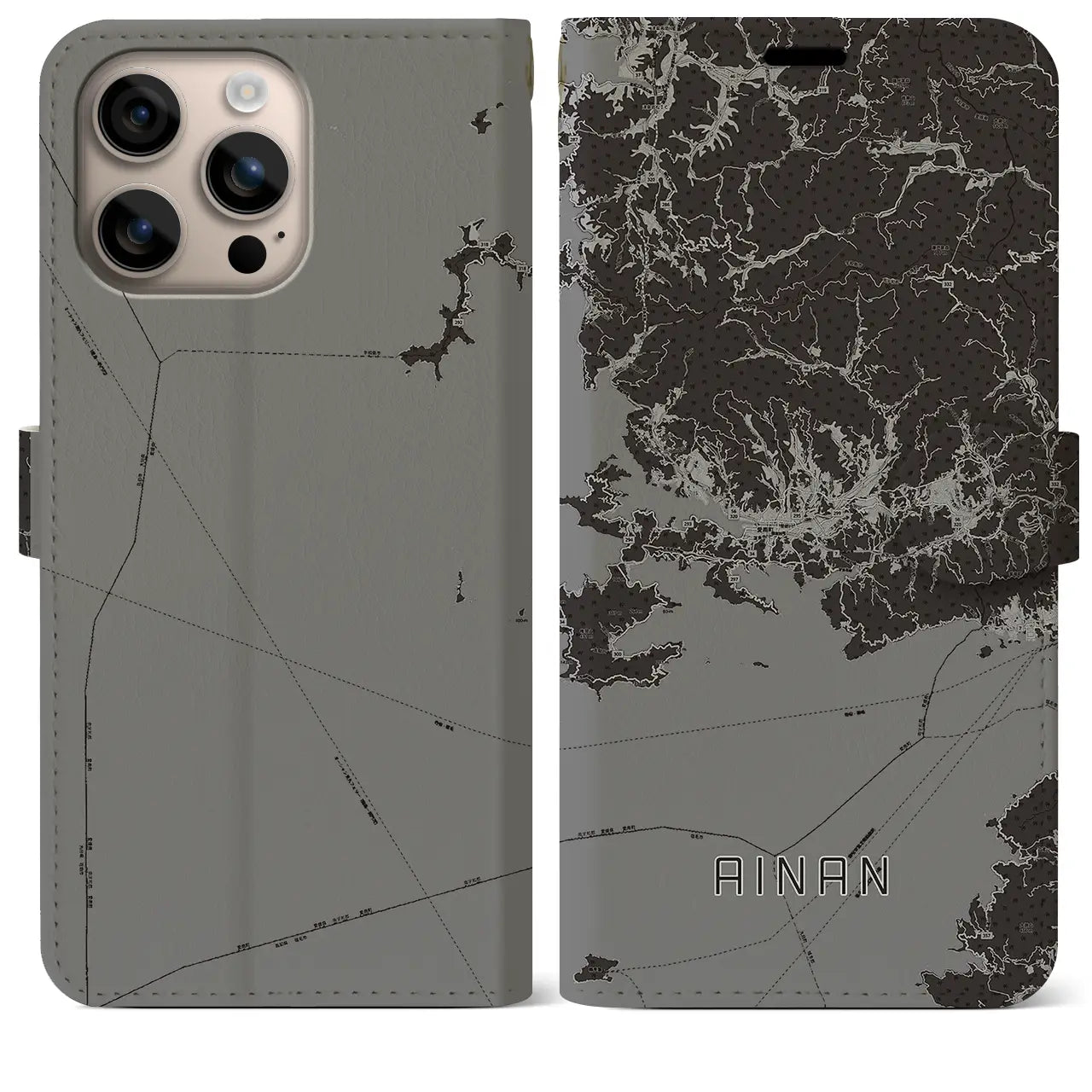 【愛南(愛媛県)】地図柄iPhoneケース(手帳タイプ)モノトーン・iPhone 16 Plus 用