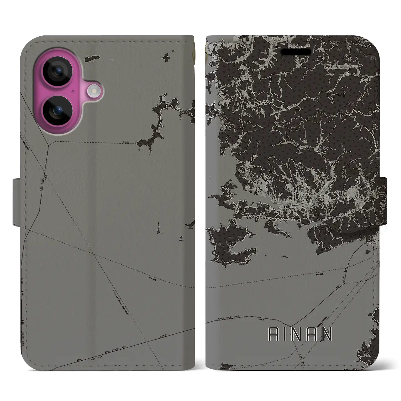 【愛南(愛媛県)】地図柄iPhoneケース(手帳タイプ)モノトーン・iPhone 16 Pro 用