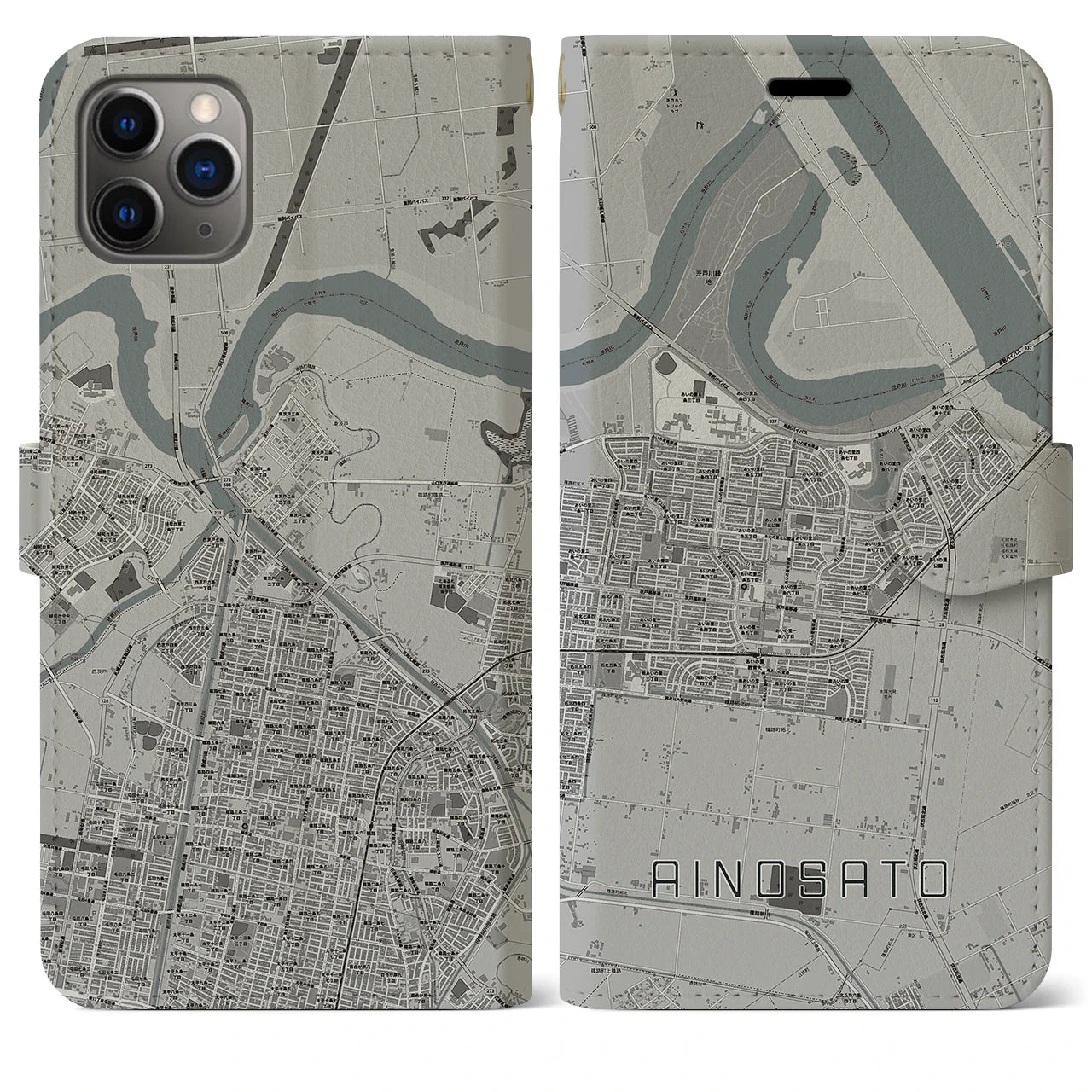 【あいの里(北海道)】地図柄iPhoneケース(手帳タイプ)モノトーン・iPhone 11 Pro Max 用