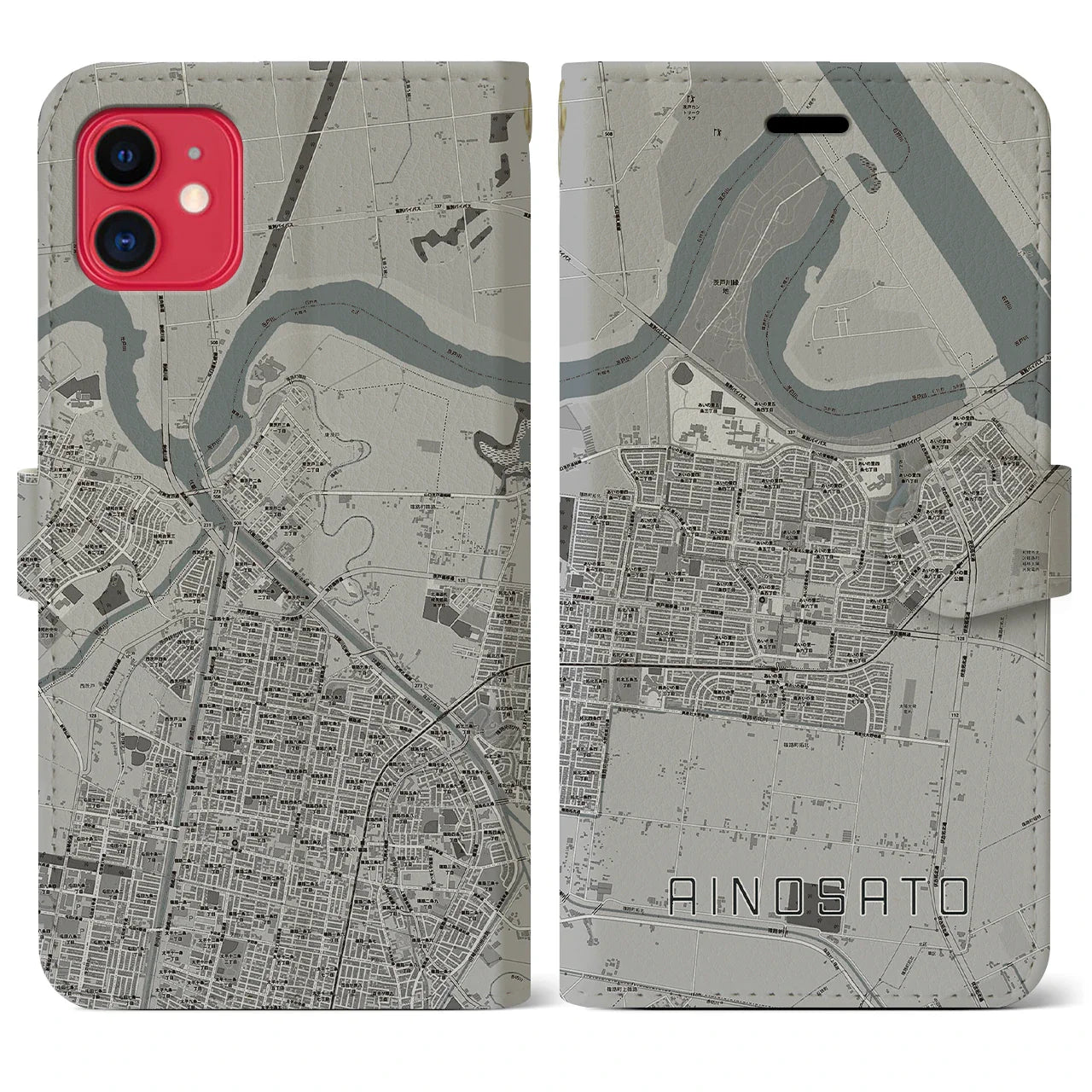 【あいの里(北海道)】地図柄iPhoneケース(手帳タイプ)モノトーン・iPhone 11 用