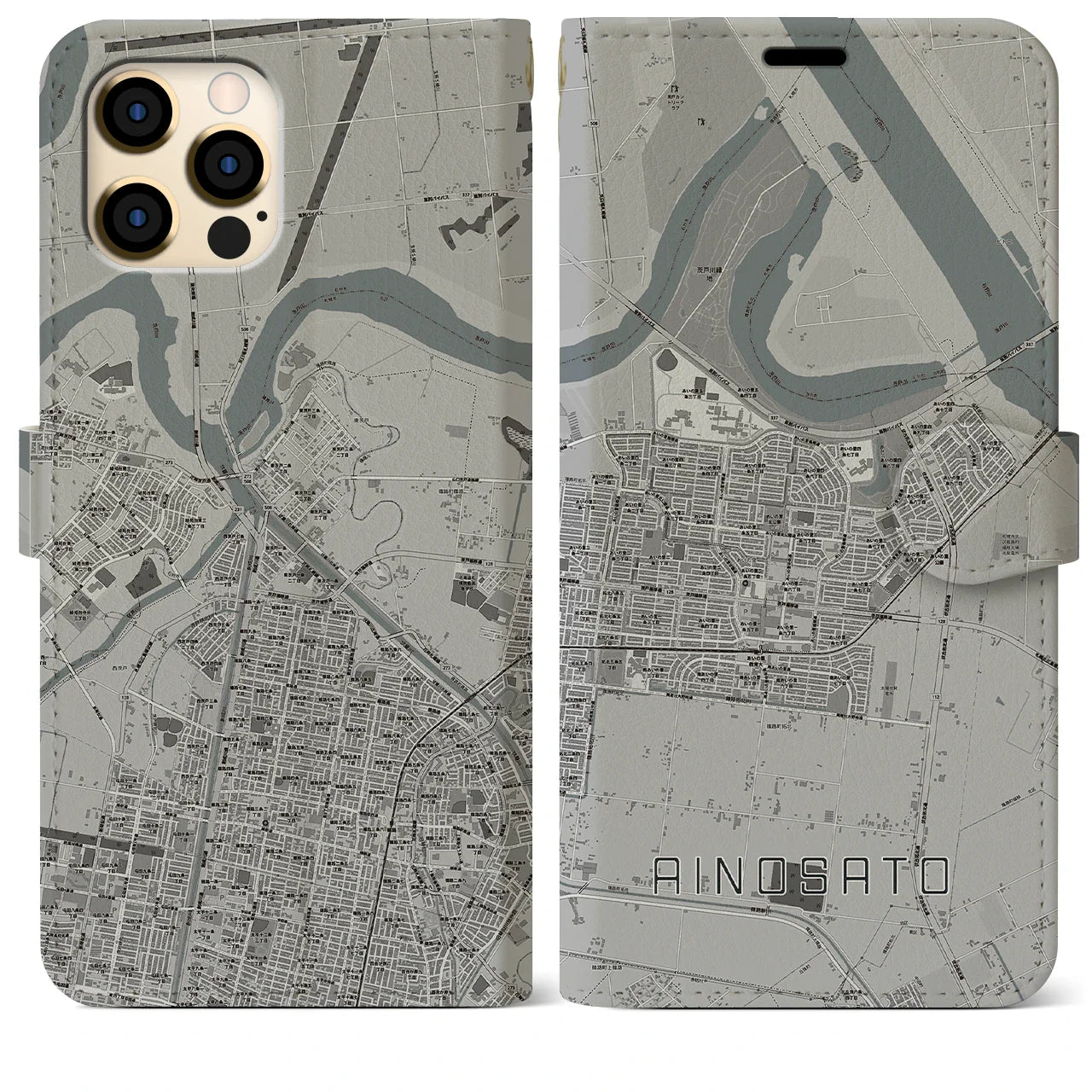 【あいの里(北海道)】地図柄iPhoneケース(手帳タイプ)モノトーン・iPhone 12 Pro Max 用