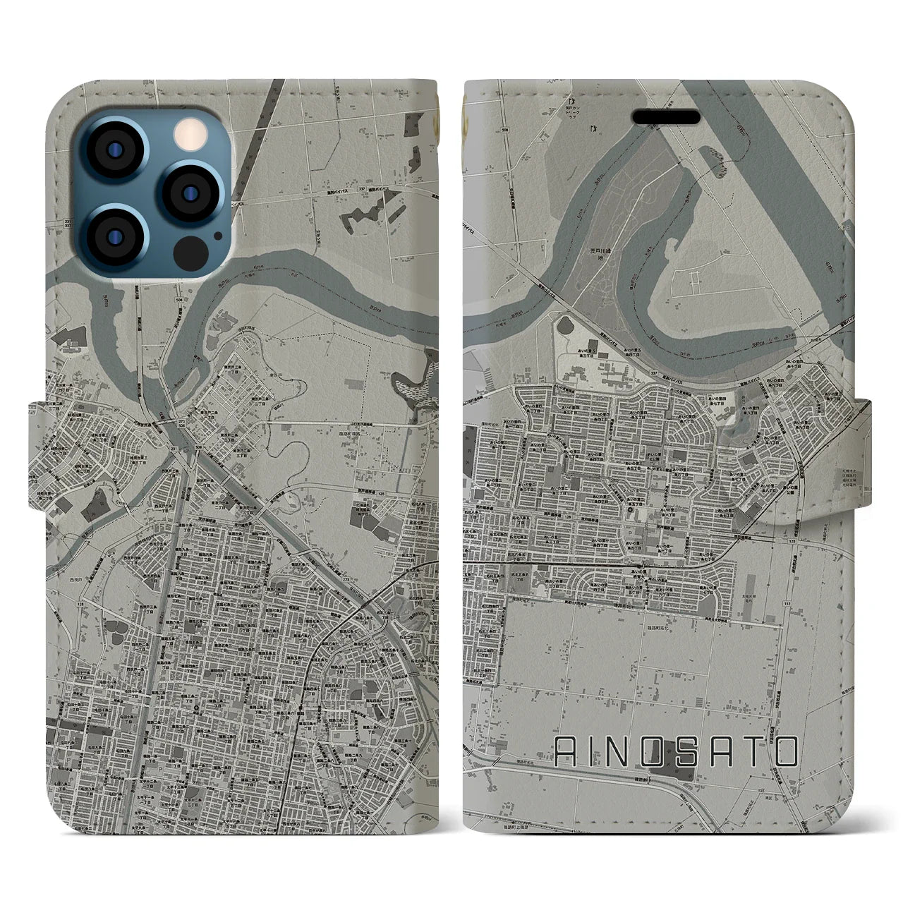 【あいの里(北海道)】地図柄iPhoneケース(手帳タイプ)モノトーン・iPhone 12 / 12 Pro 用