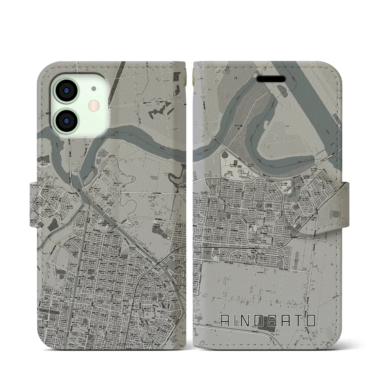 【あいの里(北海道)】地図柄iPhoneケース(手帳タイプ)モノトーン・iPhone 12 mini 用