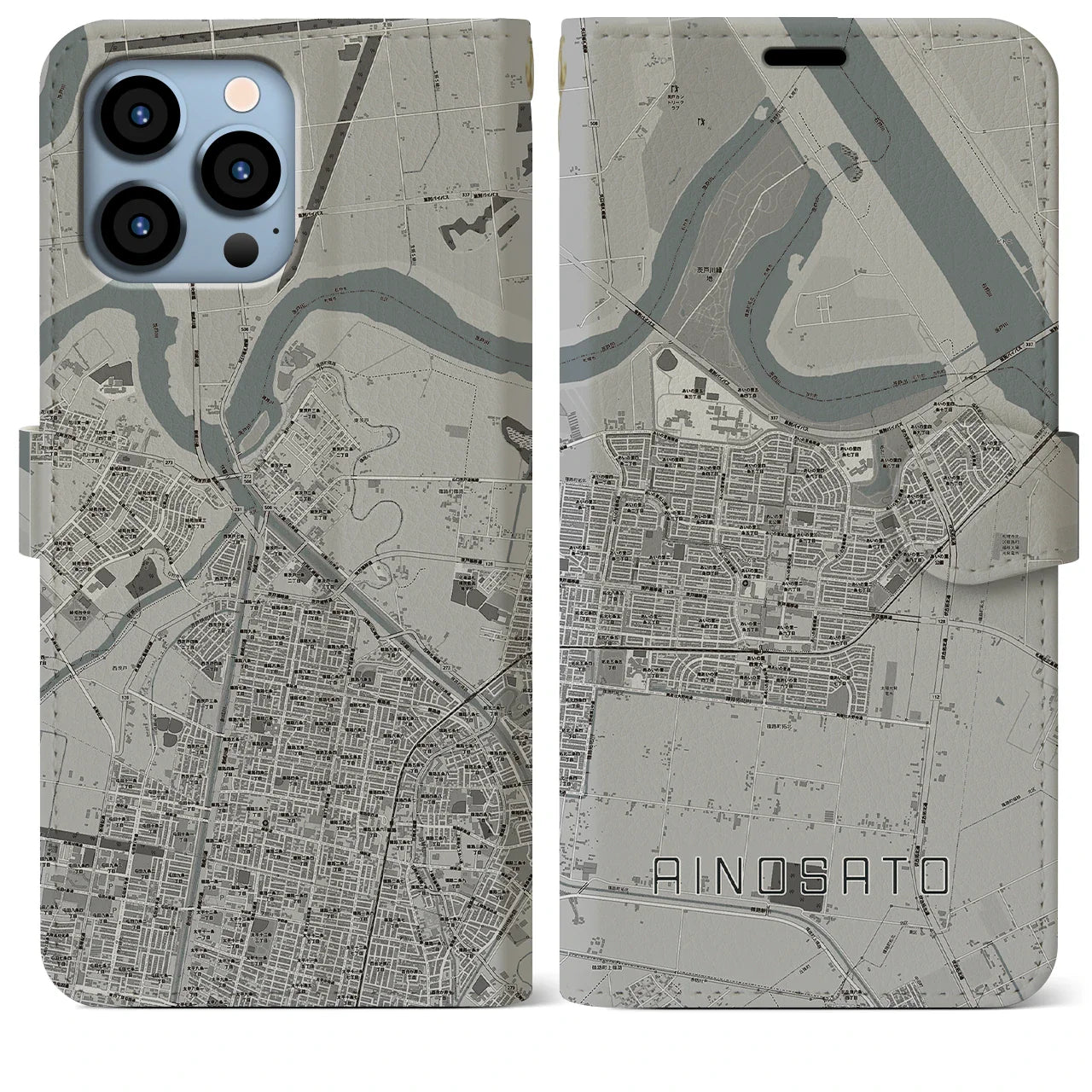 【あいの里(北海道)】地図柄iPhoneケース(手帳タイプ)モノトーン・iPhone 13 Pro Max 用