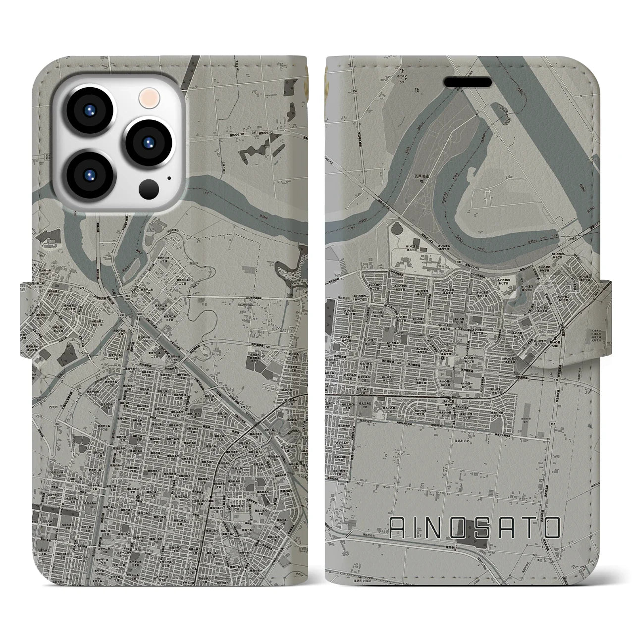 【あいの里(北海道)】地図柄iPhoneケース(手帳タイプ)モノトーン・iPhone 13 Pro 用