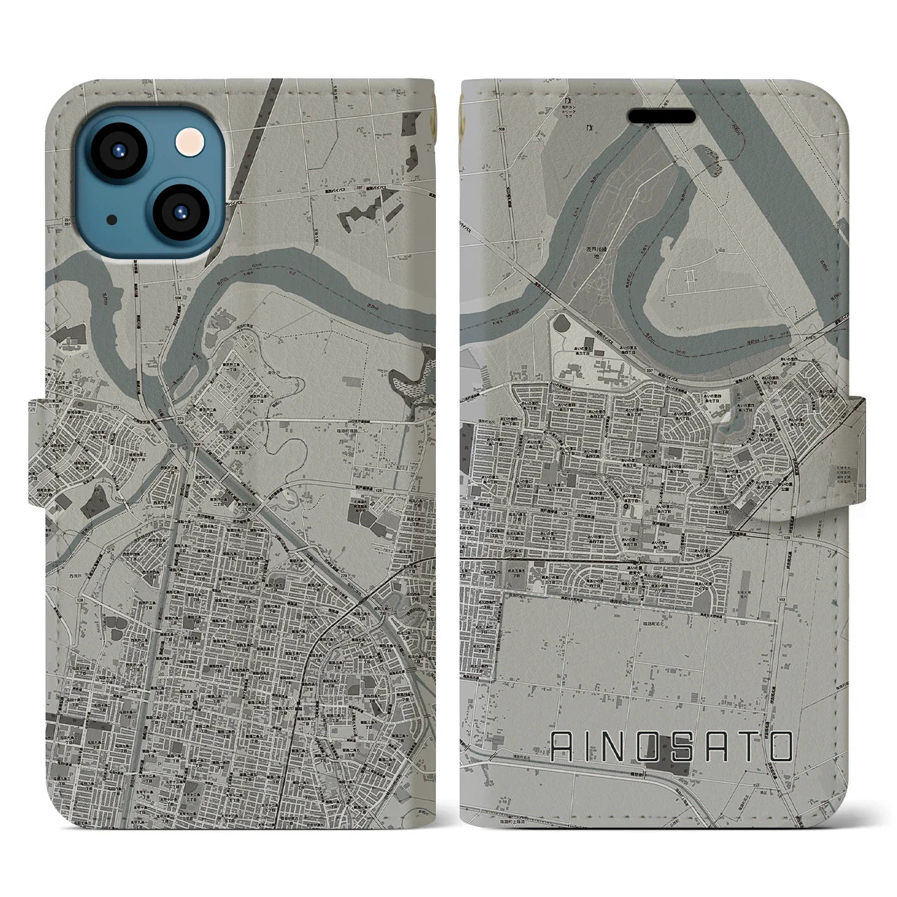 【あいの里(北海道)】地図柄iPhoneケース(手帳タイプ)モノトーン・iPhone 13 用