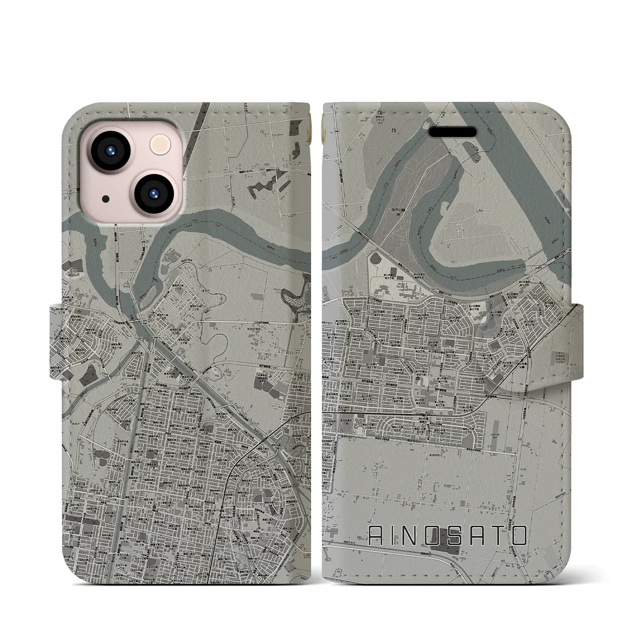 【あいの里(北海道)】地図柄iPhoneケース(手帳タイプ)モノトーン・iPhone 13 mini 用