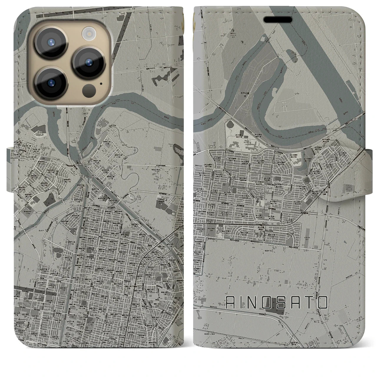 【あいの里(北海道)】地図柄iPhoneケース(手帳タイプ)モノトーン・iPhone 14 Pro Max 用