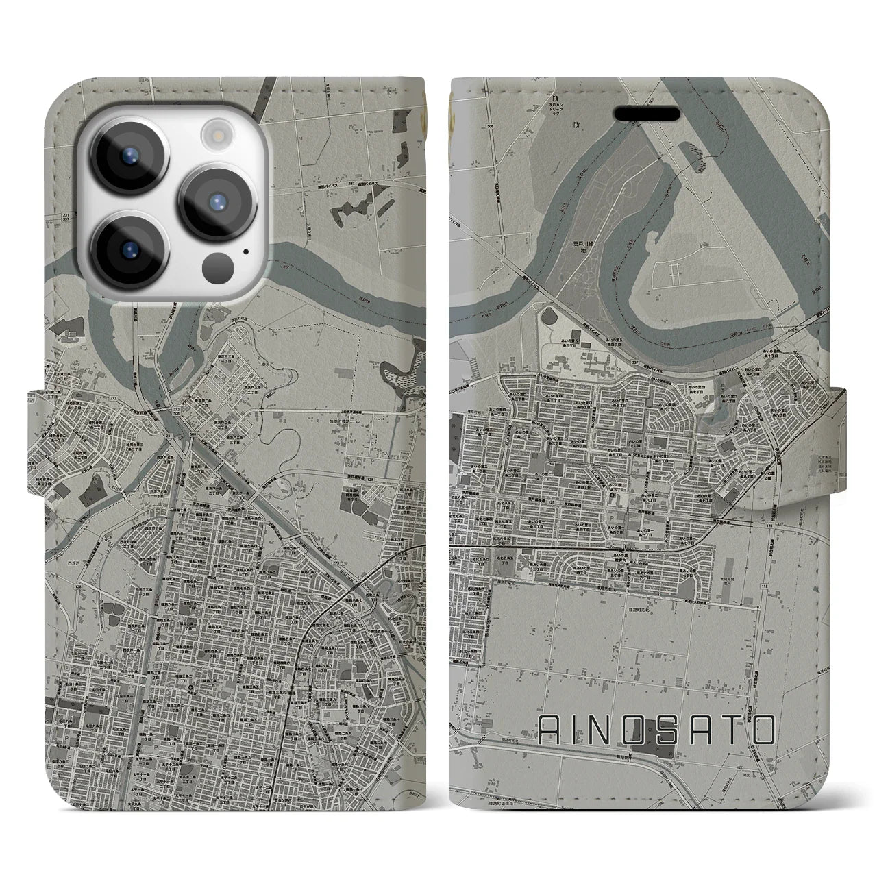 【あいの里(北海道)】地図柄iPhoneケース(手帳タイプ)モノトーン・iPhone 14 Pro 用