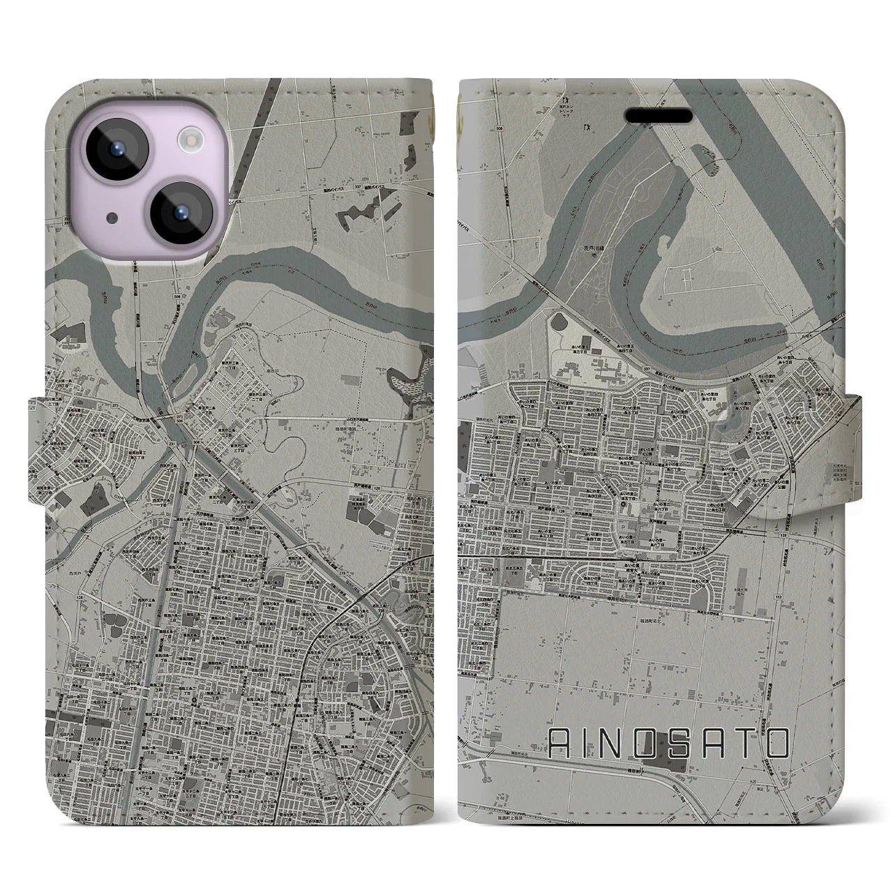 【あいの里(北海道)】地図柄iPhoneケース(手帳タイプ)モノトーン・iPhone 14 用
