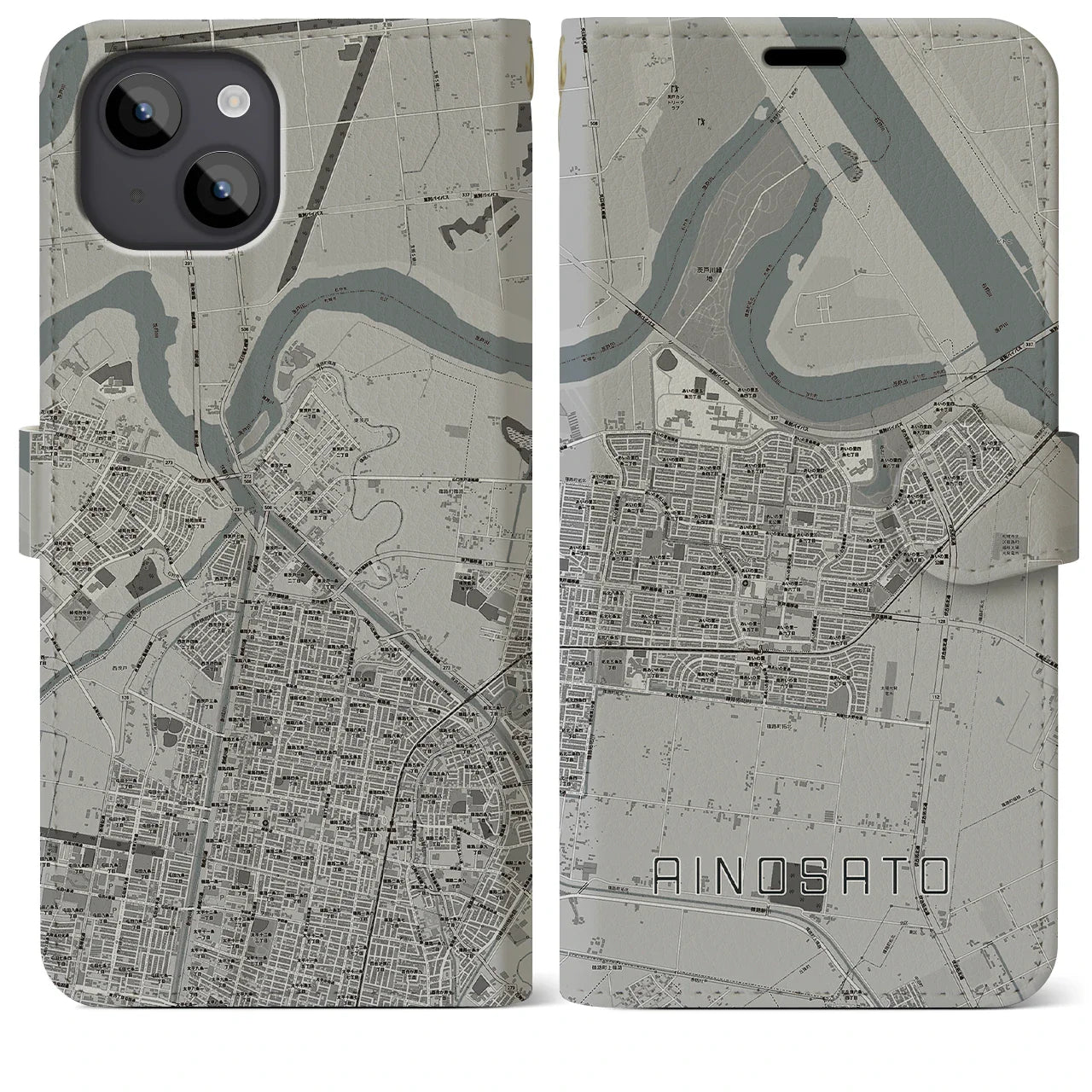 【あいの里(北海道)】地図柄iPhoneケース(手帳タイプ)モノトーン・iPhone 14 Plus 用