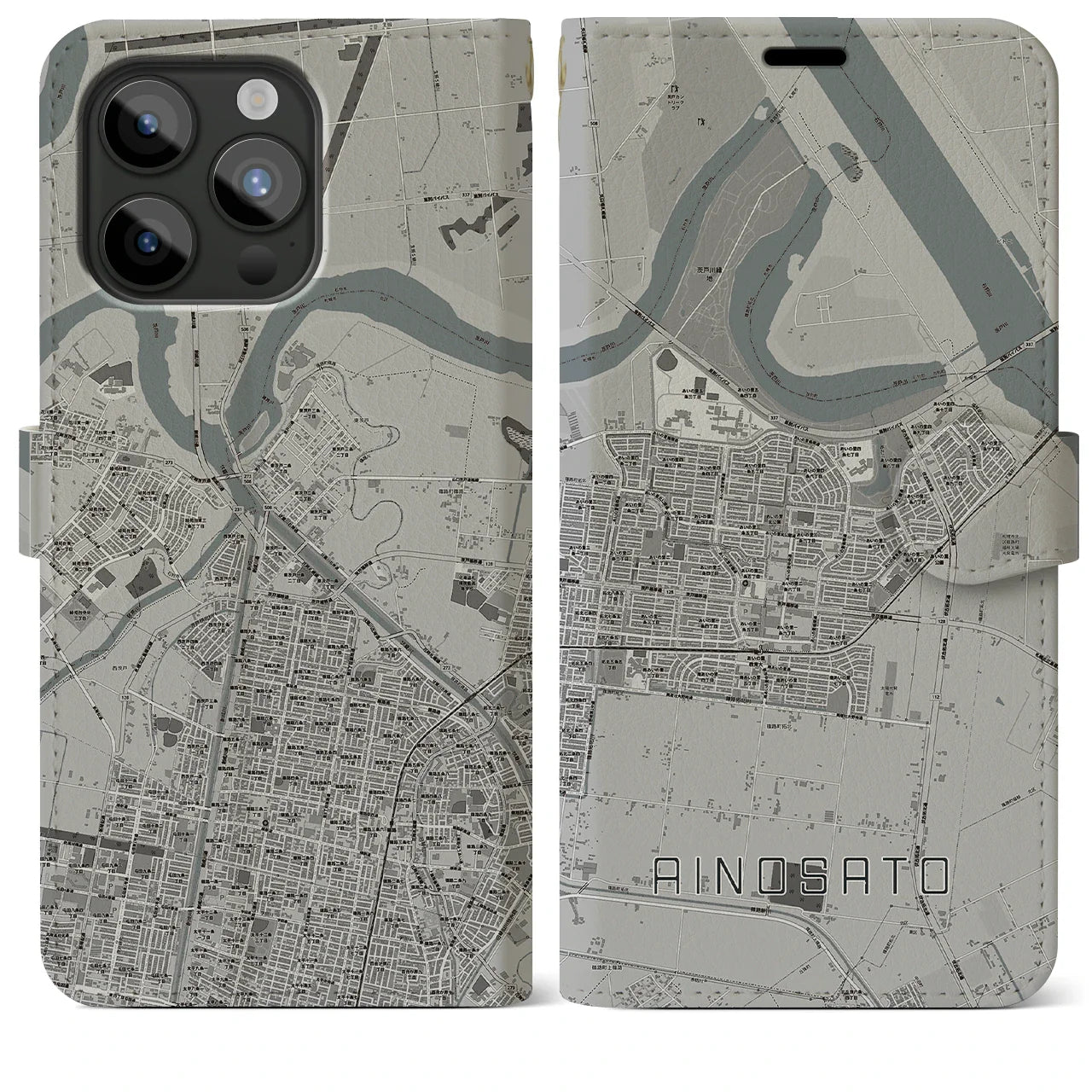 【あいの里(北海道)】地図柄iPhoneケース(手帳タイプ)モノトーン・iPhone 15 Pro Max 用