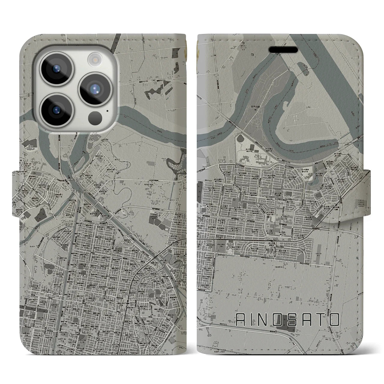 【あいの里(北海道)】地図柄iPhoneケース(手帳タイプ)モノトーン・iPhone 15 Pro 用