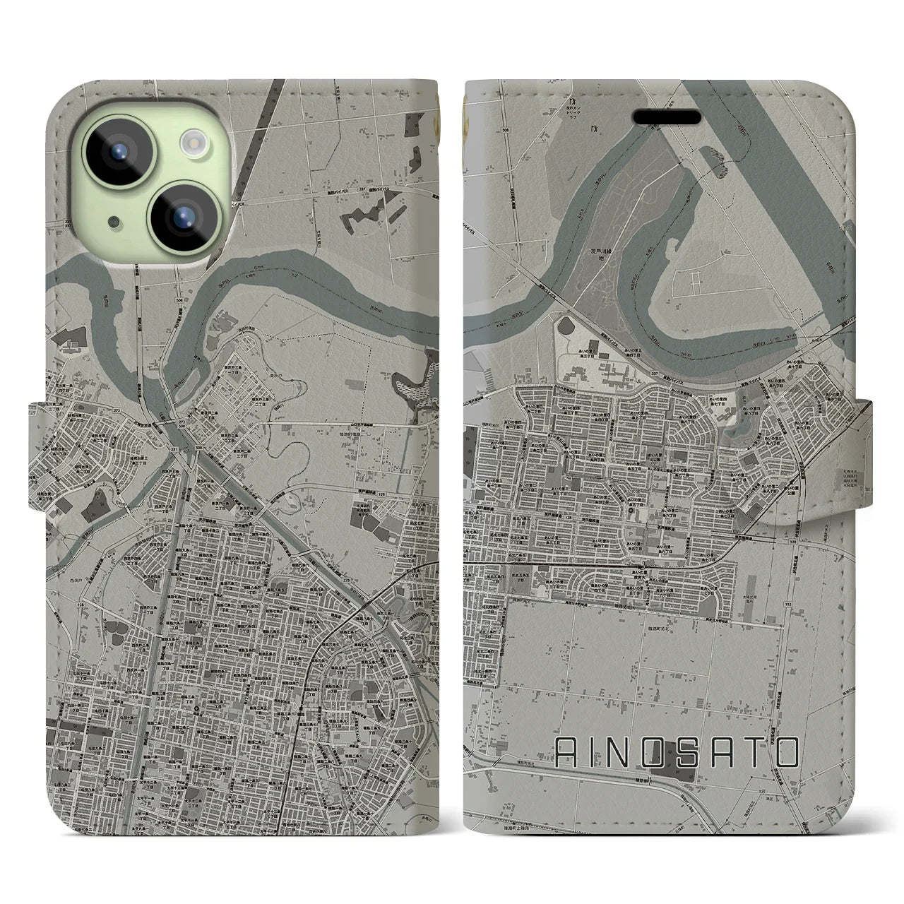 【あいの里(北海道)】地図柄iPhoneケース(手帳タイプ)モノトーン・iPhone 15 用
