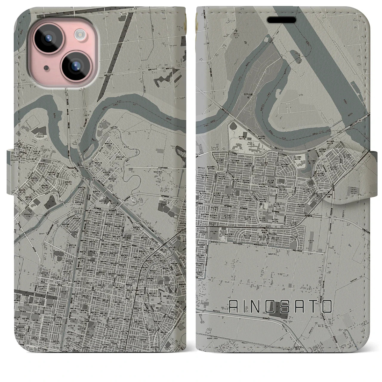 【あいの里(北海道)】地図柄iPhoneケース(手帳タイプ)モノトーン・iPhone 15 Plus 用
