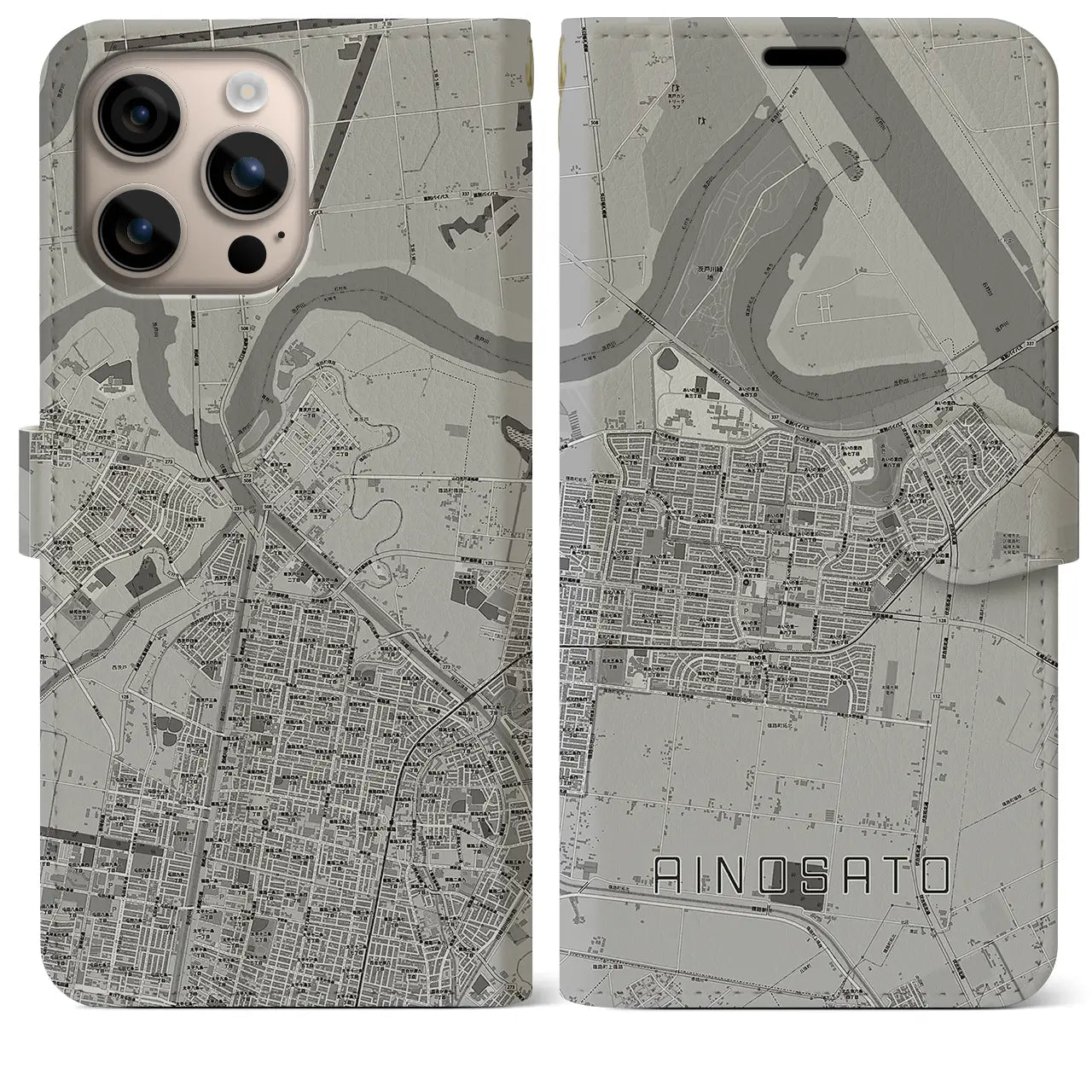 【あいの里(北海道)】地図柄iPhoneケース(手帳タイプ)モノトーン・iPhone 16 Plus 用