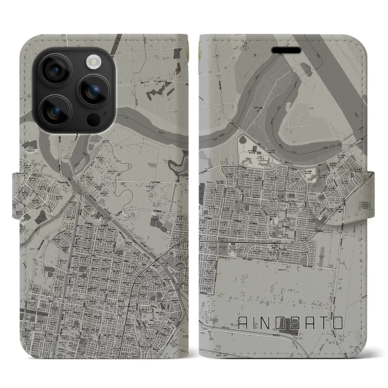 【あいの里(北海道)】地図柄iPhoneケース(手帳タイプ)モノトーン・iPhone 16 用