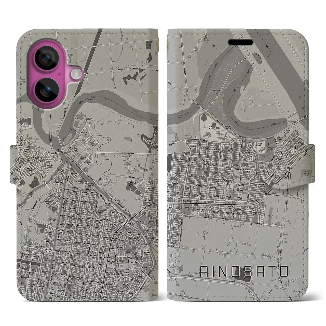 【あいの里(北海道)】地図柄iPhoneケース(手帳タイプ)モノトーン・iPhone 16 Pro 用