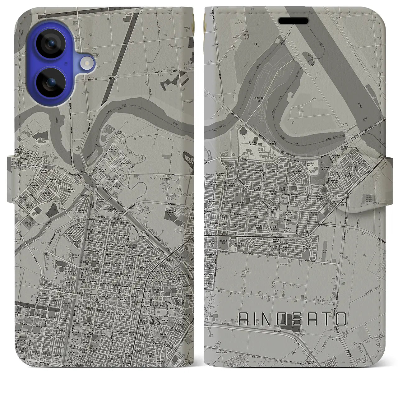 【あいの里(北海道)】地図柄iPhoneケース(手帳タイプ)モノトーン・iPhone 16 Pro Max 用
