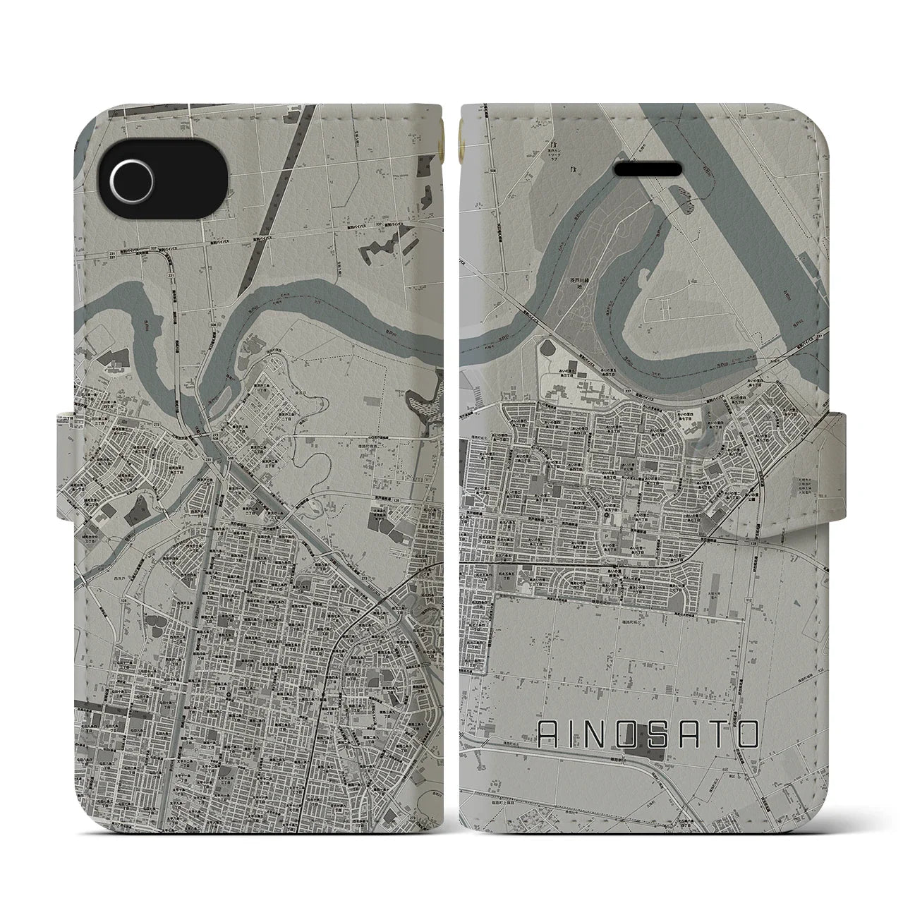 【あいの里(北海道)】地図柄iPhoneケース(手帳タイプ)モノトーン・iPhone SE(第3 / 第2世代) / 8 / 7 / 6s / 6 用