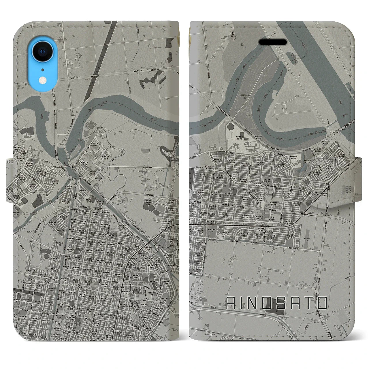 【あいの里(北海道)】地図柄iPhoneケース(手帳タイプ)モノトーン・iPhone XR 用