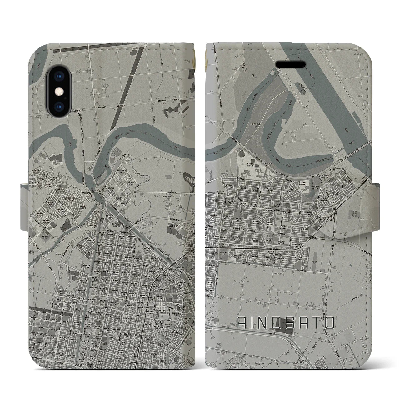 【あいの里(北海道)】地図柄iPhoneケース(手帳タイプ)モノトーン・iPhone XS / X 用