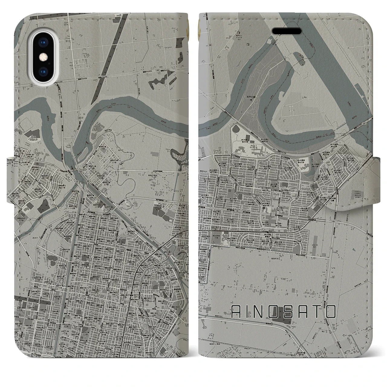 【あいの里(北海道)】地図柄iPhoneケース(手帳タイプ)モノトーン・iPhone XS Max 用