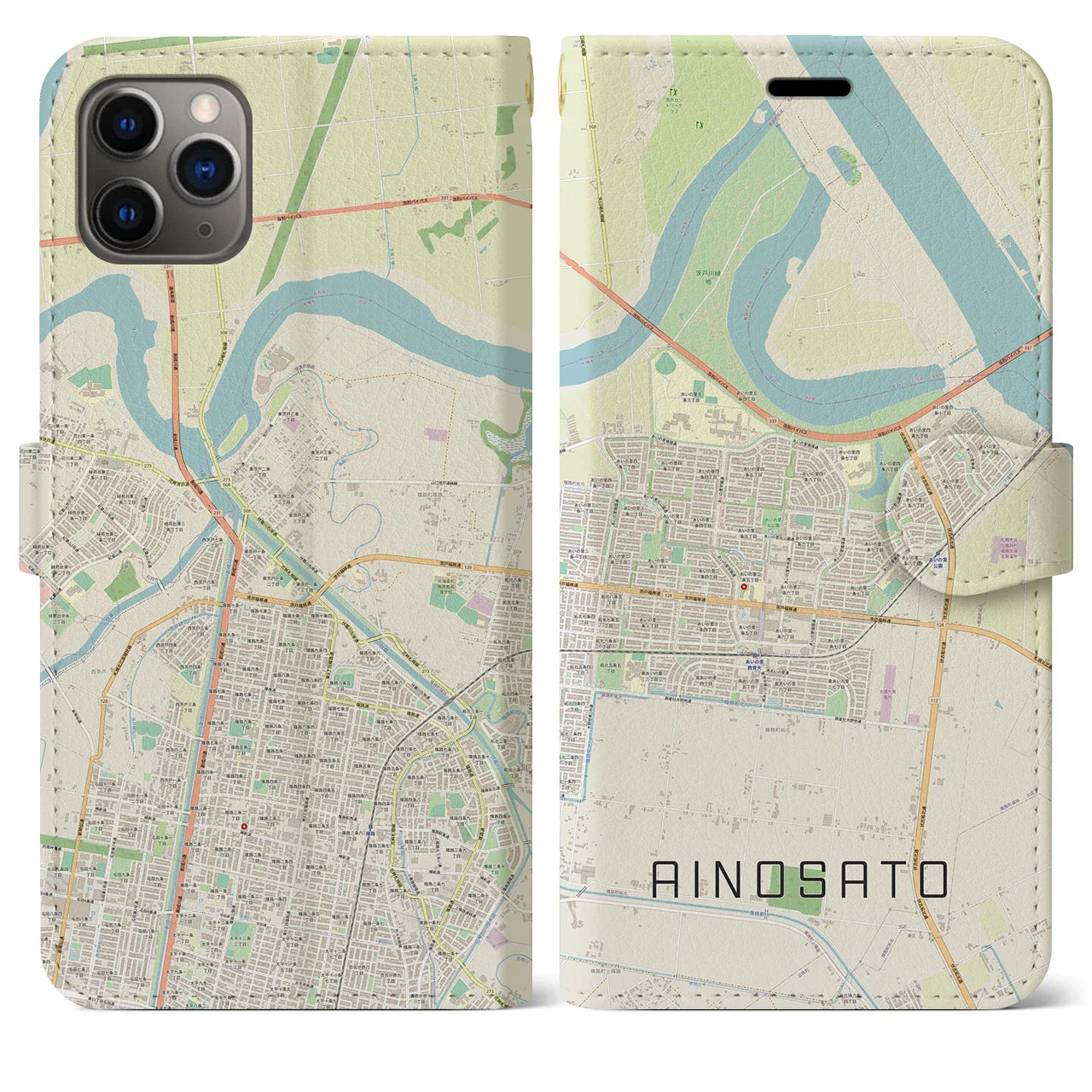 【あいの里(北海道)】地図柄iPhoneケース(手帳タイプ)ナチュラル・iPhone 11 Pro Max 用