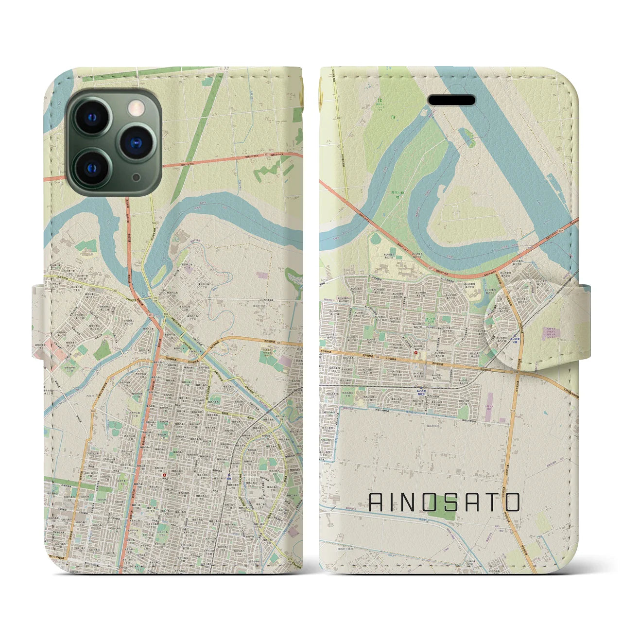 【あいの里(北海道)】地図柄iPhoneケース(手帳タイプ)ナチュラル・iPhone 11 Pro 用