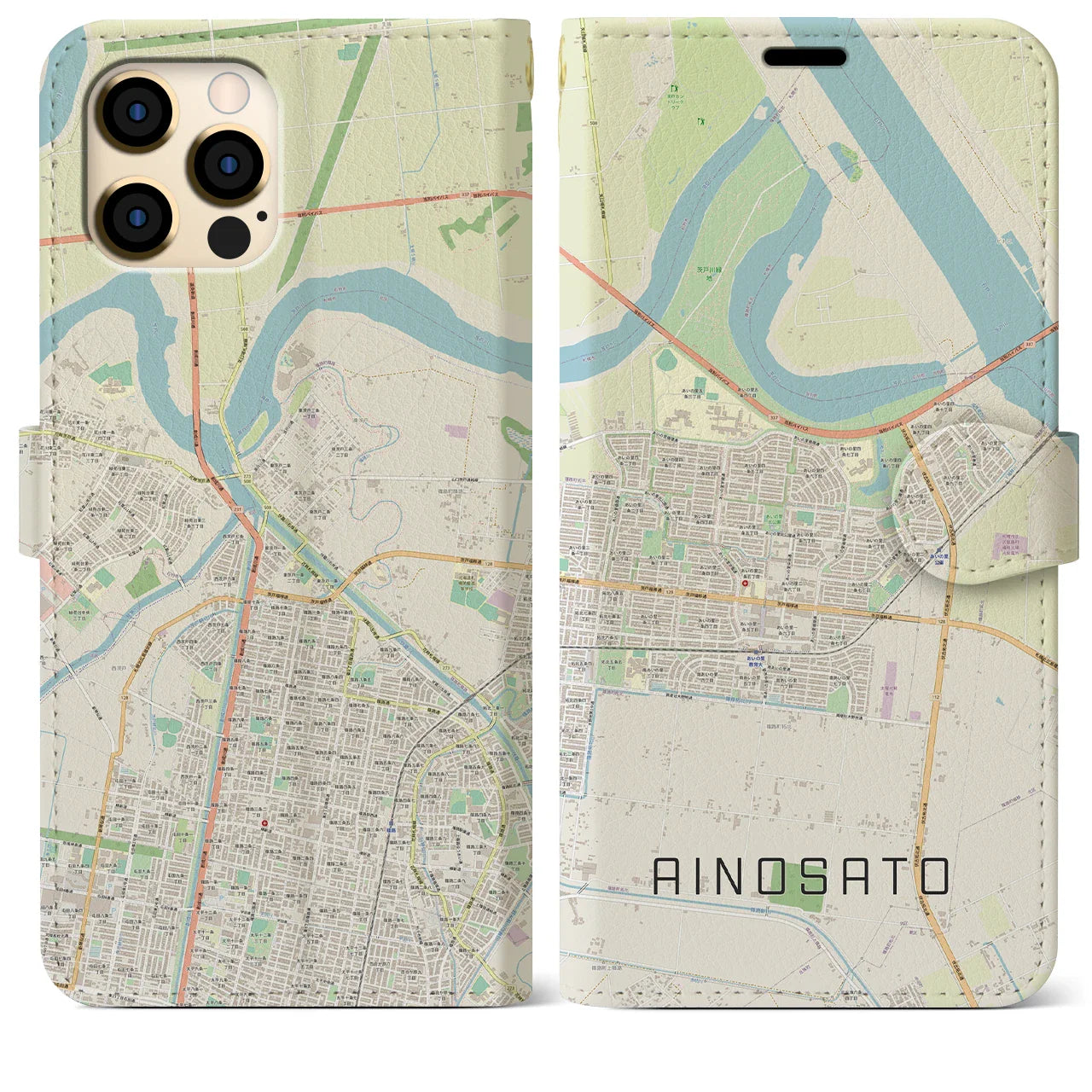 【あいの里(北海道)】地図柄iPhoneケース(手帳タイプ)ナチュラル・iPhone 12 Pro Max 用