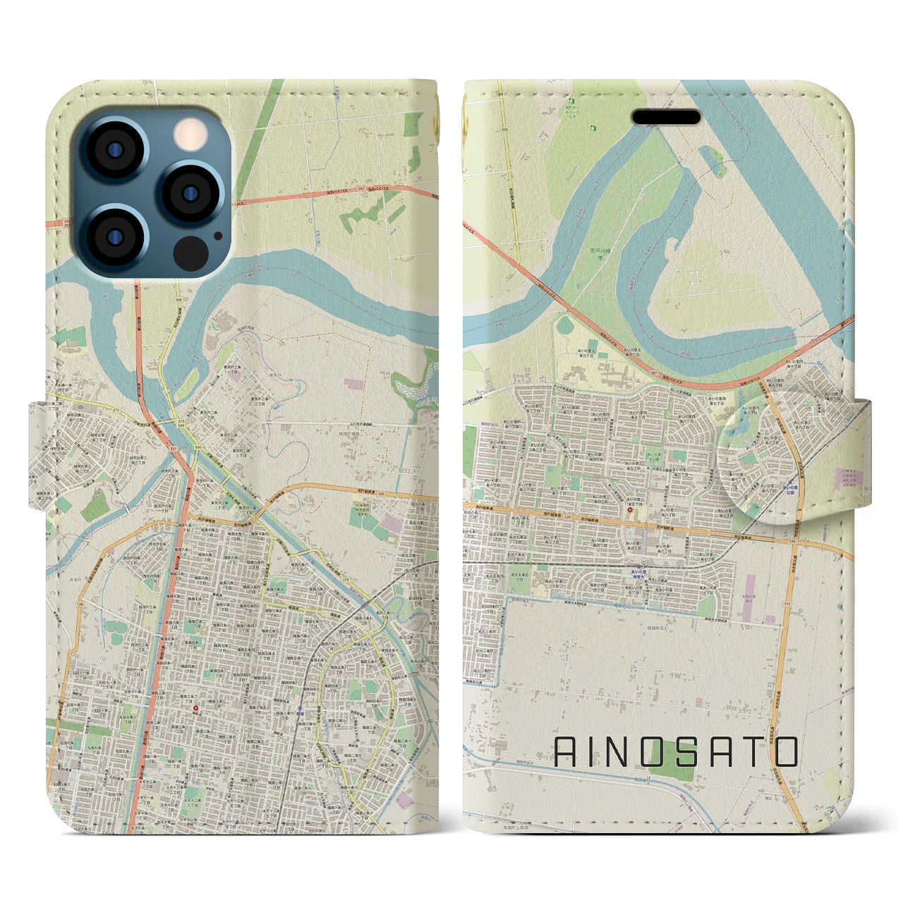 【あいの里(北海道)】地図柄iPhoneケース(手帳タイプ)ナチュラル・iPhone 12 / 12 Pro 用
