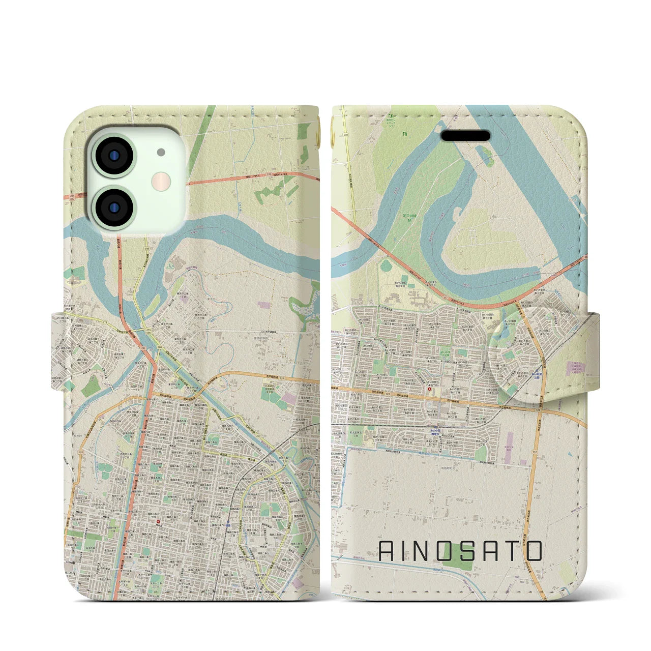 【あいの里(北海道)】地図柄iPhoneケース(手帳タイプ)ナチュラル・iPhone 12 mini 用