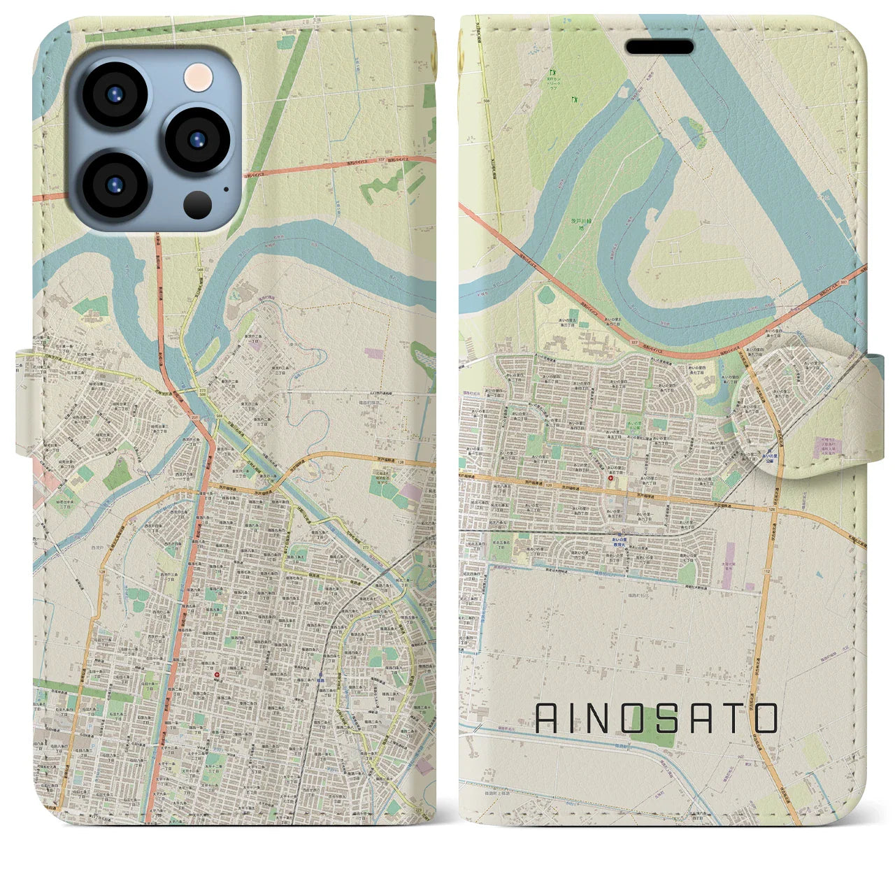 【あいの里(北海道)】地図柄iPhoneケース(手帳タイプ)ナチュラル・iPhone 13 Pro Max 用