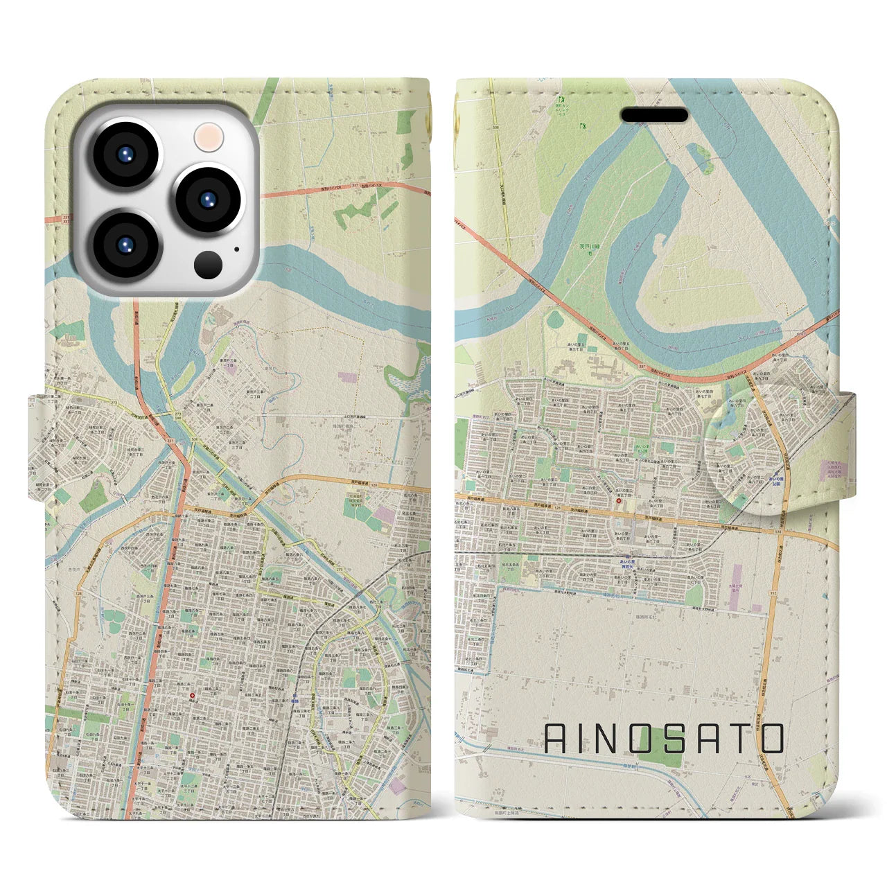 【あいの里(北海道)】地図柄iPhoneケース(手帳タイプ)ナチュラル・iPhone 13 Pro 用
