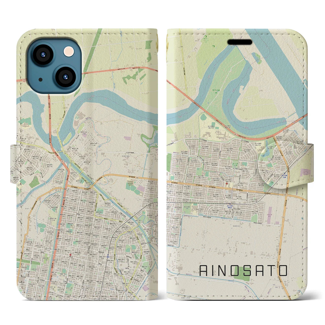 【あいの里(北海道)】地図柄iPhoneケース(手帳タイプ)ナチュラル・iPhone 13 用