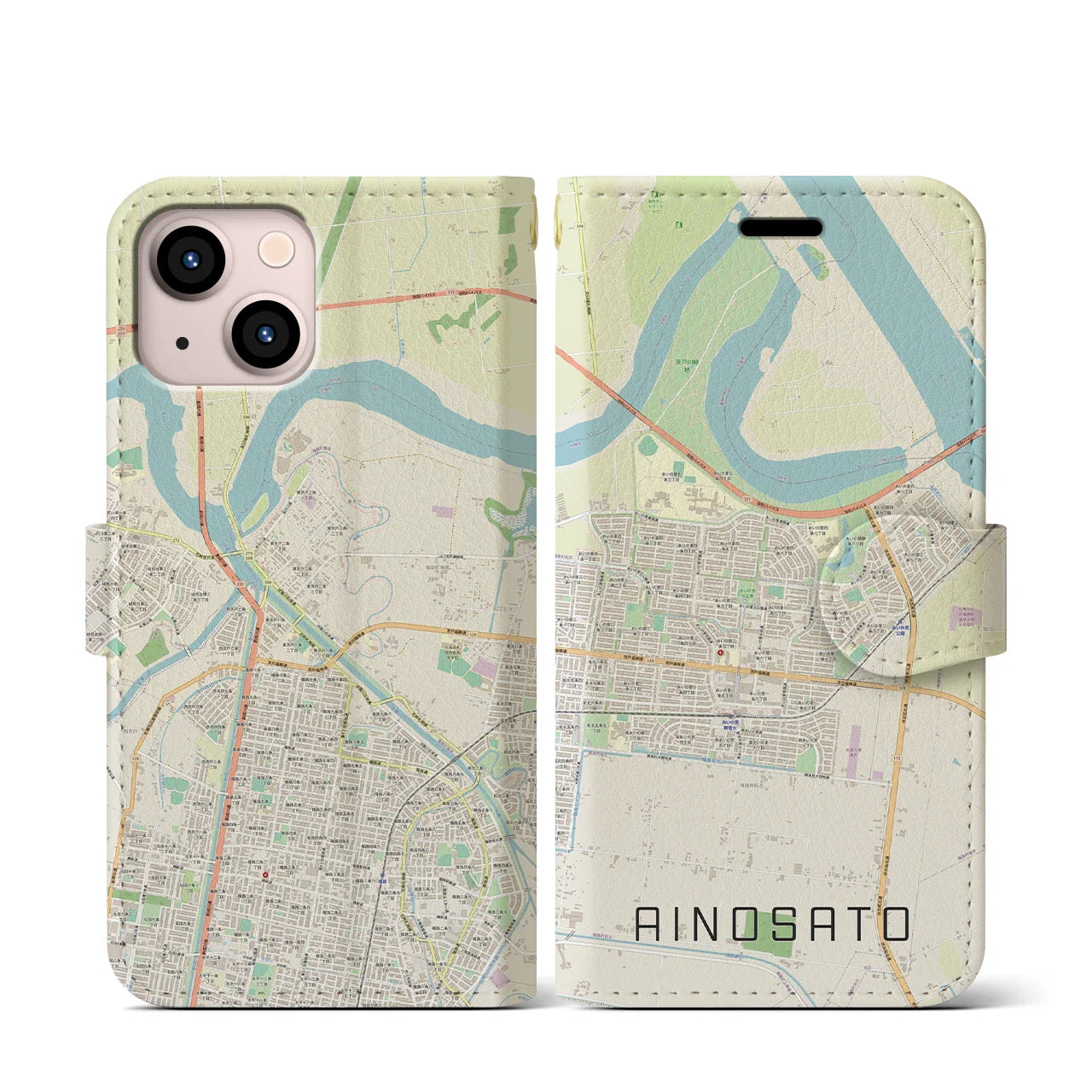 【あいの里(北海道)】地図柄iPhoneケース(手帳タイプ)ナチュラル・iPhone 13 mini 用