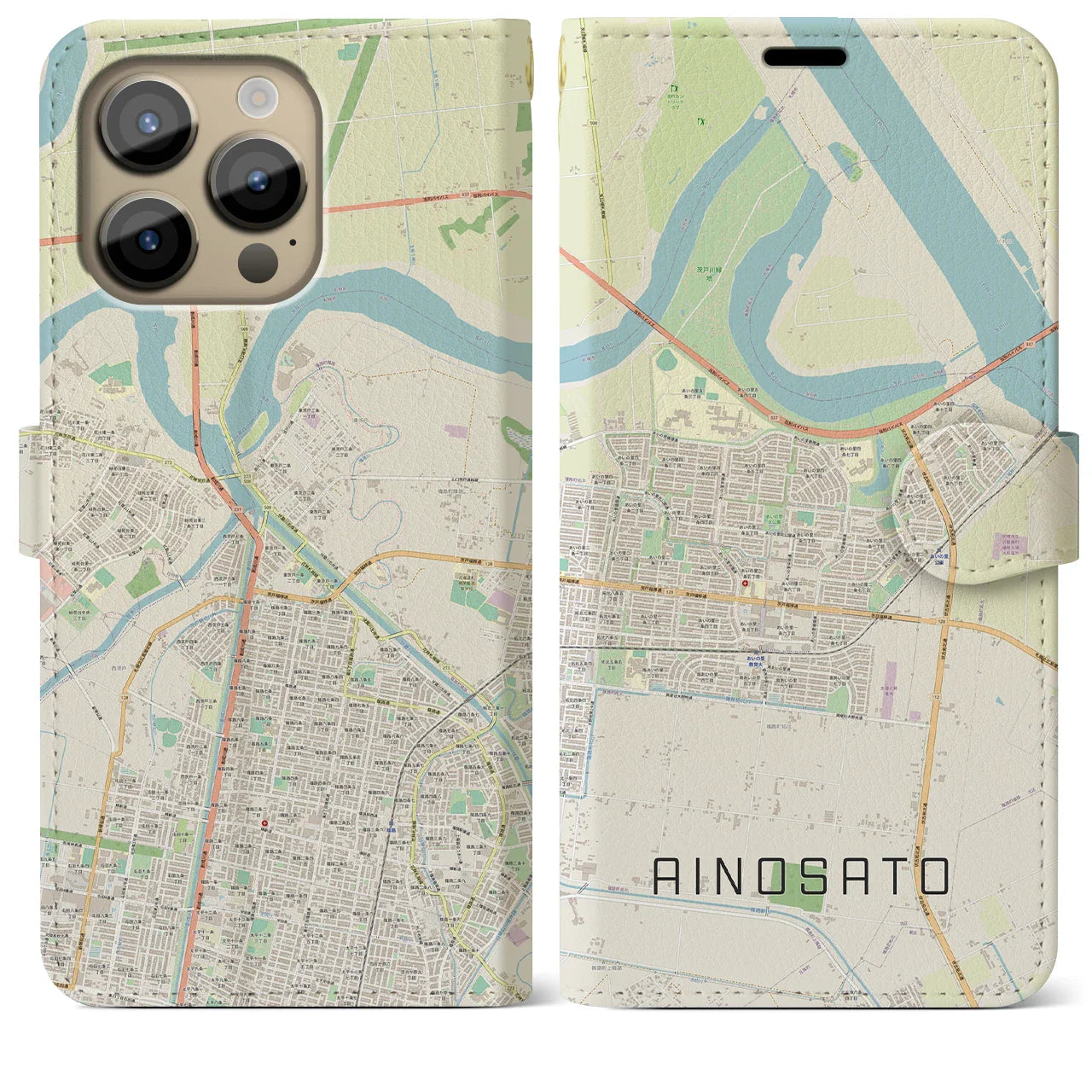 【あいの里(北海道)】地図柄iPhoneケース(手帳タイプ)ナチュラル・iPhone 14 Pro Max 用