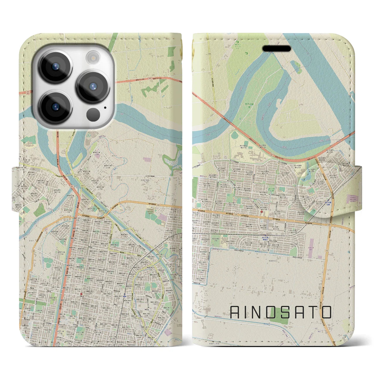 【あいの里(北海道)】地図柄iPhoneケース(手帳タイプ)ナチュラル・iPhone 14 Pro 用