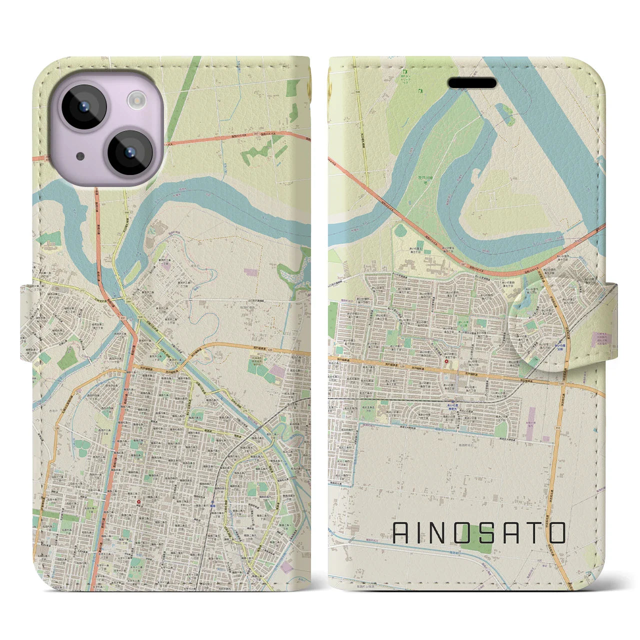 【あいの里(北海道)】地図柄iPhoneケース(手帳タイプ)ナチュラル・iPhone 14 用