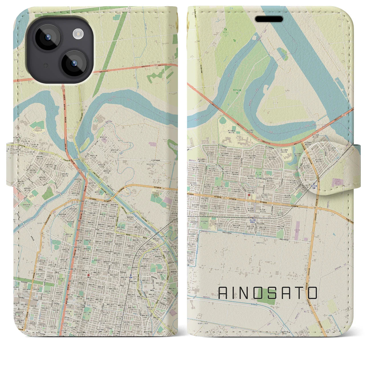 【あいの里(北海道)】地図柄iPhoneケース(手帳タイプ)ナチュラル・iPhone 14 Plus 用