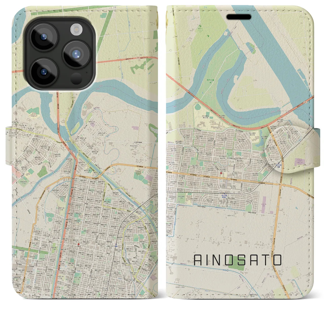 【あいの里(北海道)】地図柄iPhoneケース(手帳タイプ)ナチュラル・iPhone 15 Pro Max 用