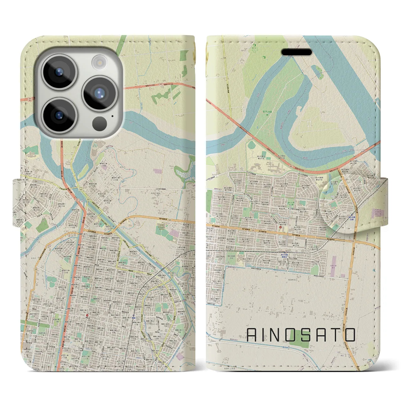 【あいの里(北海道)】地図柄iPhoneケース(手帳タイプ)ナチュラル・iPhone 15 Pro 用