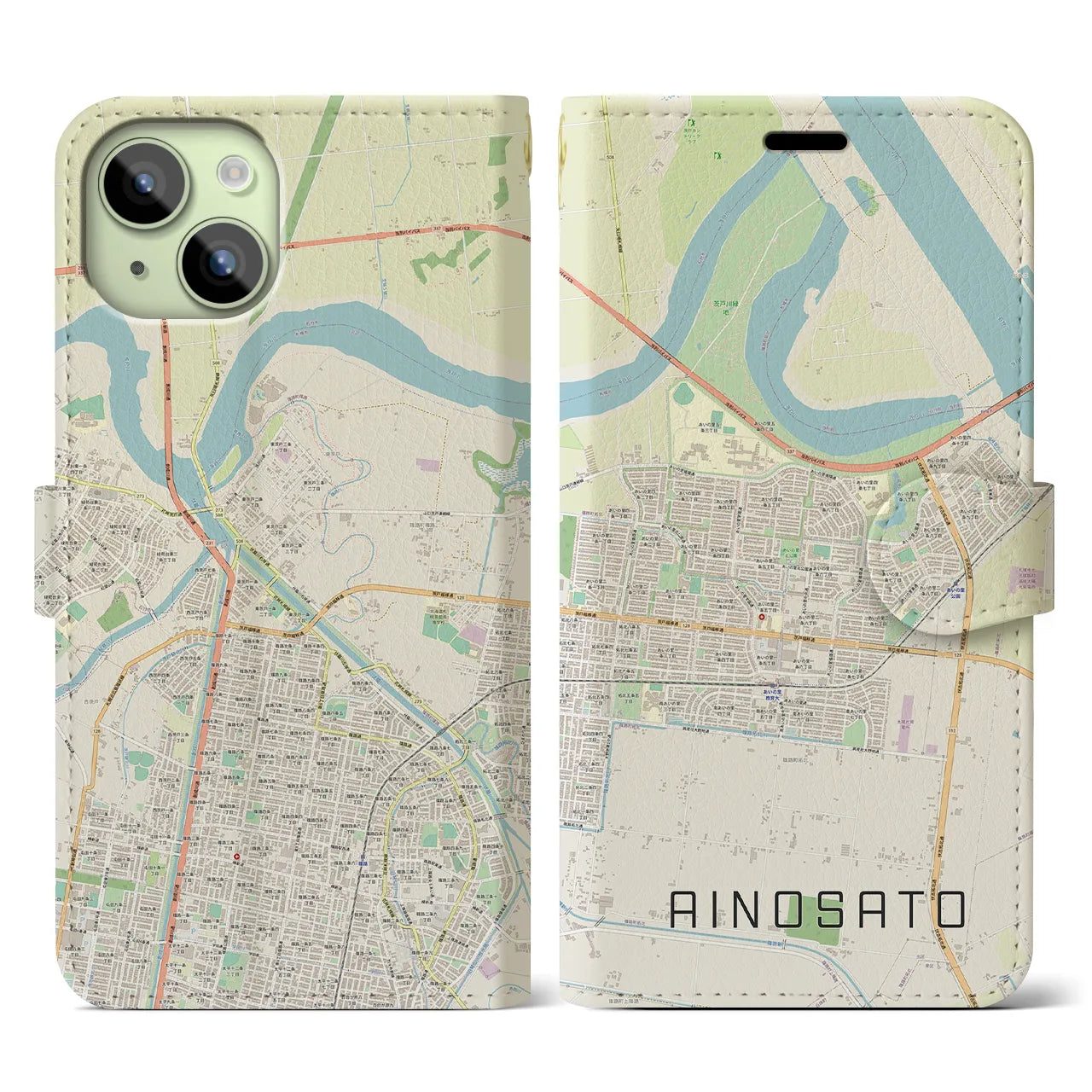 【あいの里(北海道)】地図柄iPhoneケース(手帳タイプ)ナチュラル・iPhone 15 用