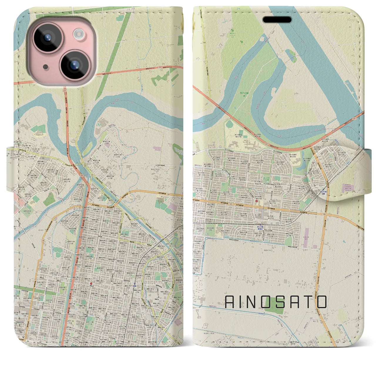 【あいの里(北海道)】地図柄iPhoneケース(手帳タイプ)ナチュラル・iPhone 15 Plus 用