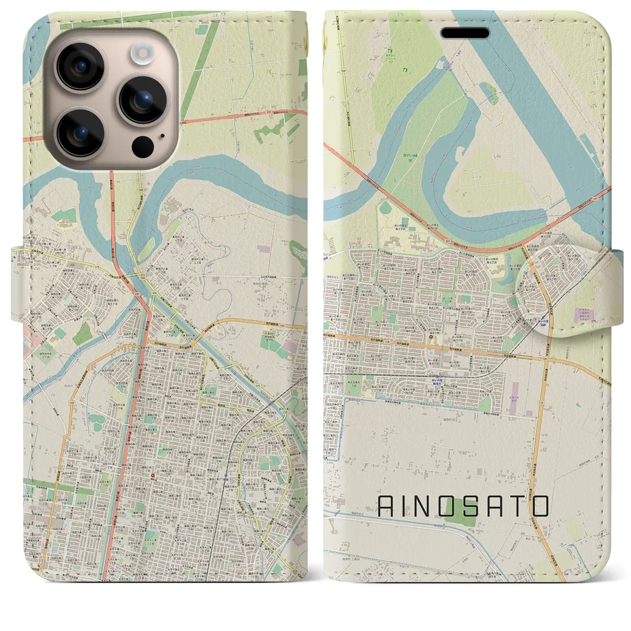 【あいの里(北海道)】地図柄iPhoneケース(手帳タイプ)ナチュラル・iPhone 16 Plus 用
