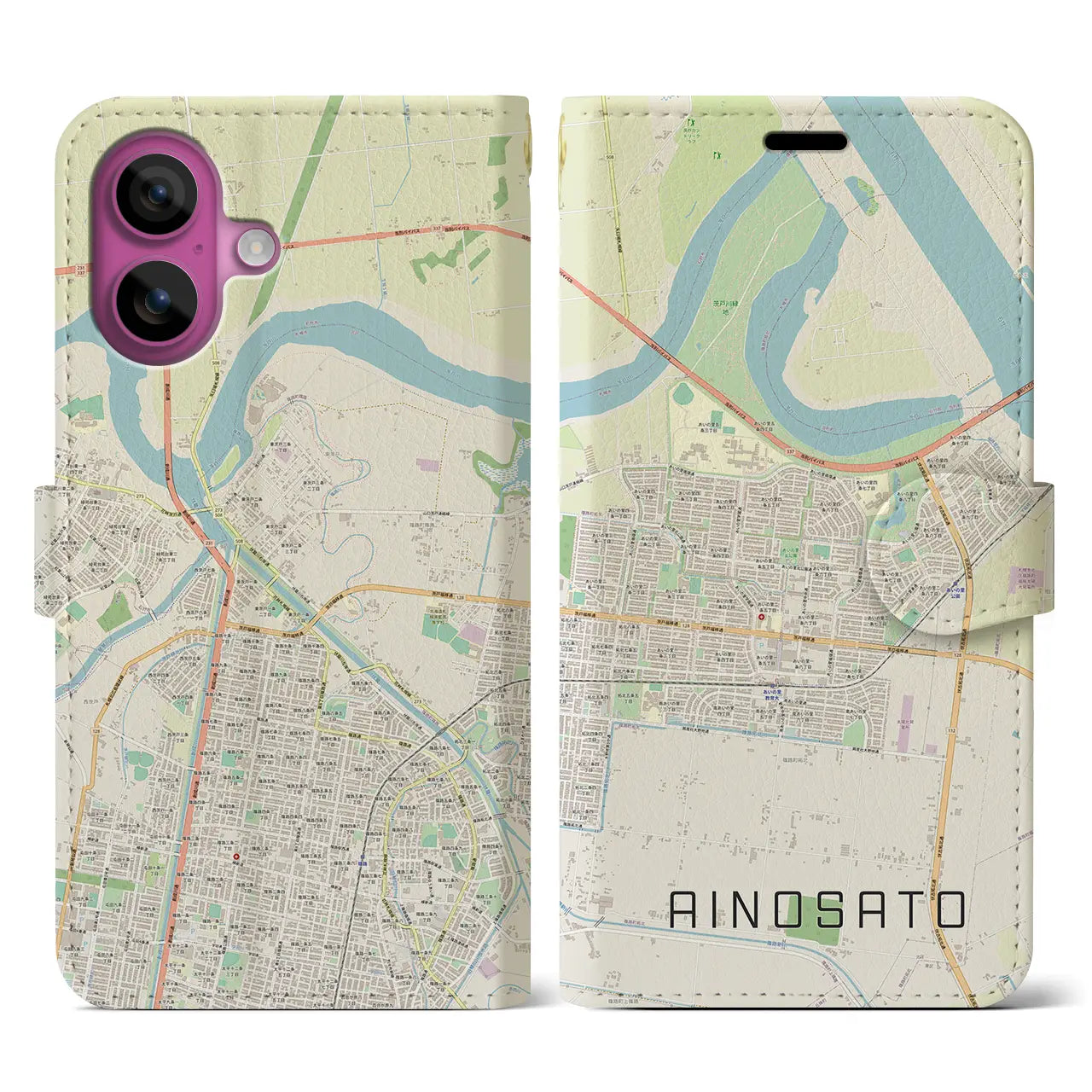 【あいの里(北海道)】地図柄iPhoneケース(手帳タイプ)ナチュラル・iPhone 16 Pro 用
